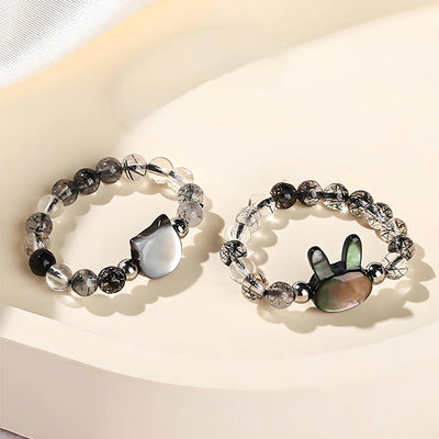 Bague chat lapin en quartz rutile noir 3 mm et pierre tridacna Foviel
