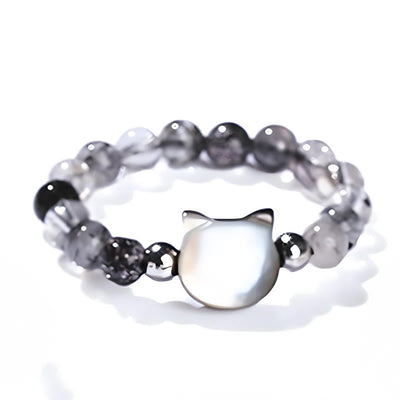 Bague chat lapin en quartz rutile noir 3 mm et pierre tridacna Foviel