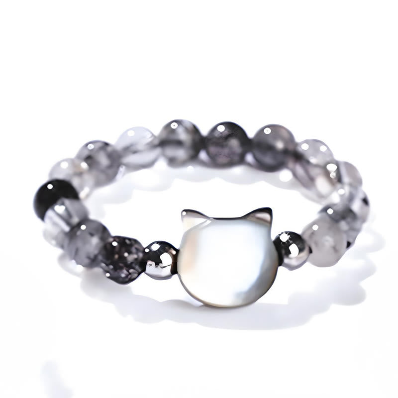 Bague chat lapin en quartz rutile noir 3 mm et pierre tridacna Foviel