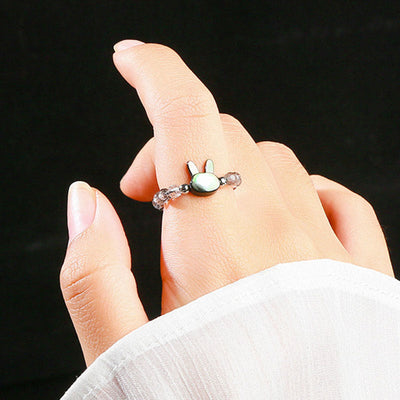 Bague chat lapin en quartz rutile noir 3 mm et pierre tridacna Foviel