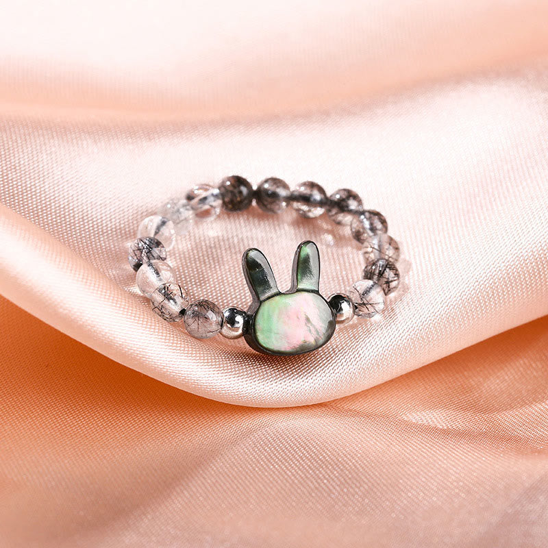 Bague chat lapin en quartz rutile noir 3 mm et pierre tridacna Foviel