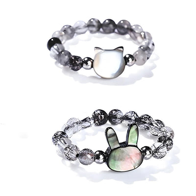 Bague chat lapin en quartz rutile noir 3 mm et pierre tridacna Foviel