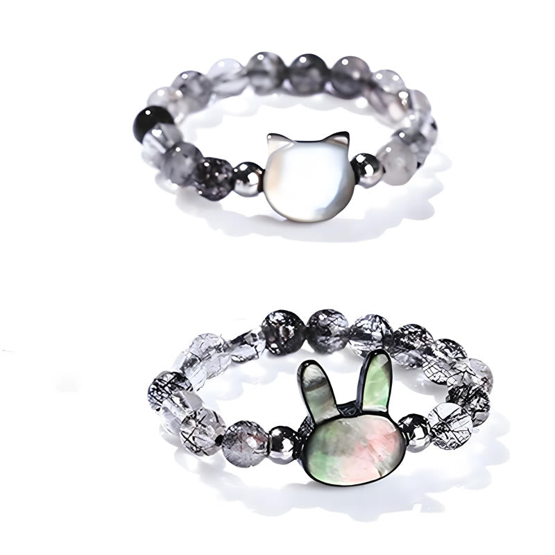 Bague chat lapin en quartz rutile noir 3 mm et pierre tridacna Foviel