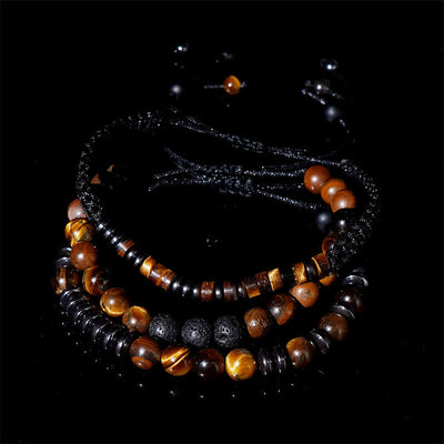 Foviel 3Pcs Tiger Eye Lava Rock Protection Bracelet Set