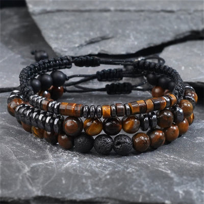 Foviel 3Pcs Tiger Eye Lava Rock Protection Bracelet Set