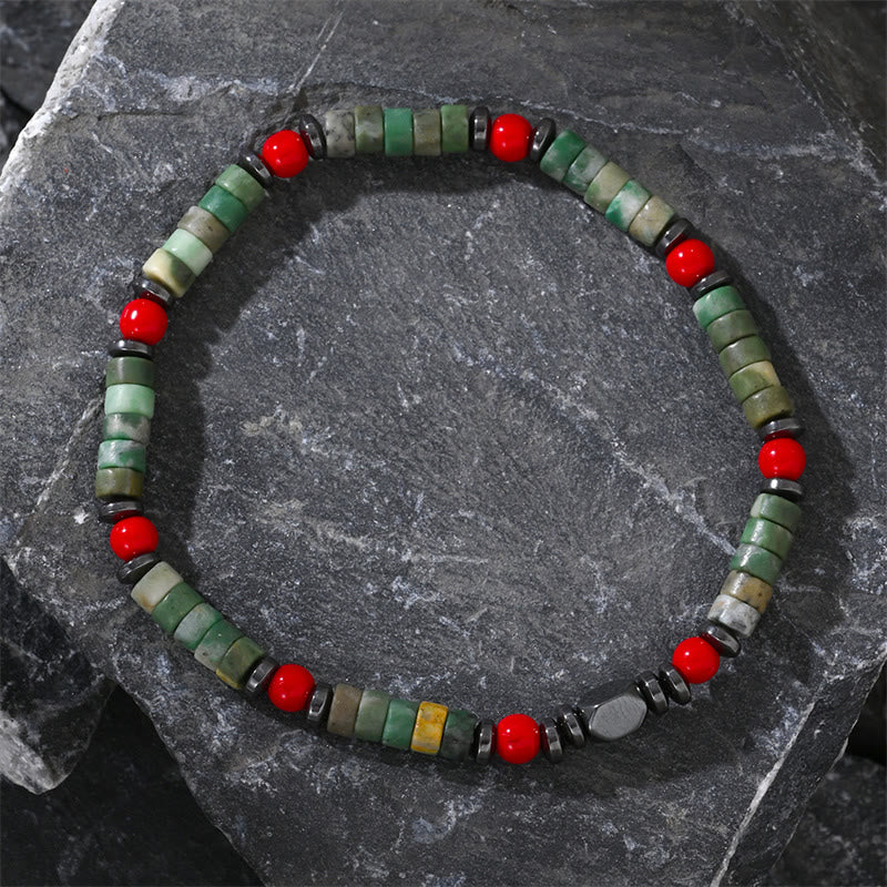 Foviel Natural Green Stone Hematite Red Coral Powerful Bracelet