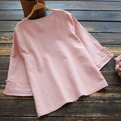 Buddha Stones Vine Embroidery Frog-button Cotton Linen Three Quarter Sleeve Women's Shirt - image 4