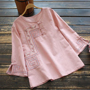 Foviel Vine Embroidery Frog-button Cotton Linen Three Quarter Sleeve Women's Shirt