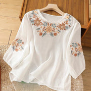 Foviel Casual Blume Leaf Stickerei Damen Crew Hals Design Dreiviertel Ärmel T-Shirt