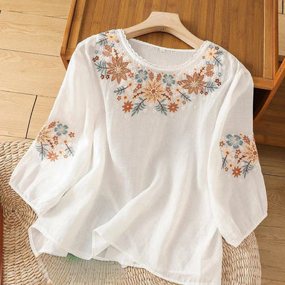Buddha Stones Casual Flower Leaf Embroidery Women's Crew Neck Design Three Quarter Sleeve T-shirt - Snow - US12，UK/AU16，EU44 (3XL) - image 5