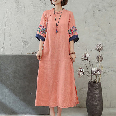 Foviel Embroidery Frog-Button Half Sleeve Women's Midi Dress
