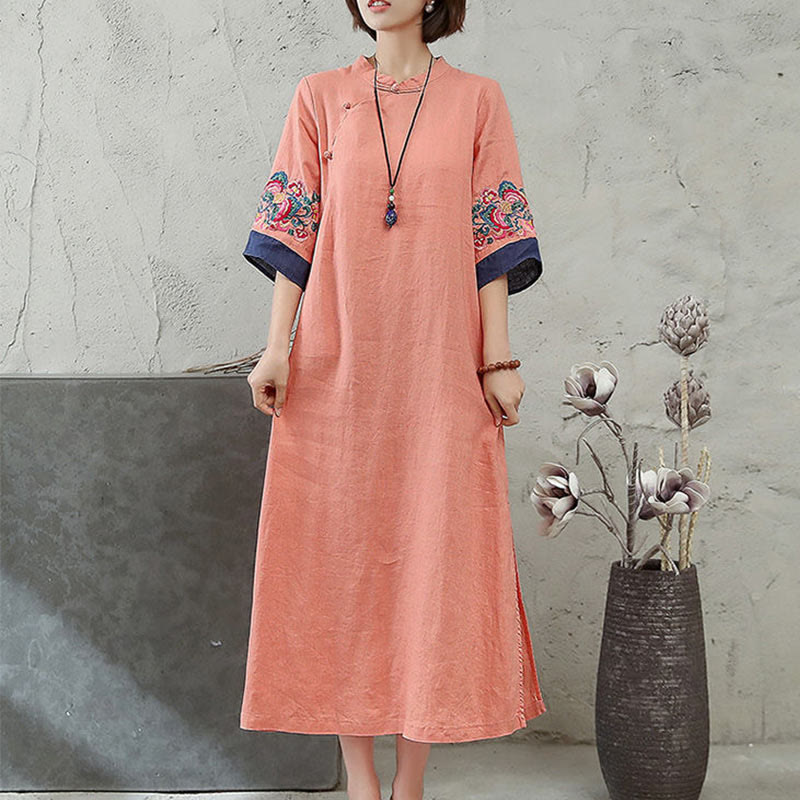 Foviel Embroidery Frog-Button Half Sleeve Women's Midi Dress