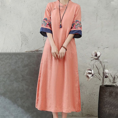 Foviel Embroidery Frog-Button Half Sleeve Women's Midi Dress