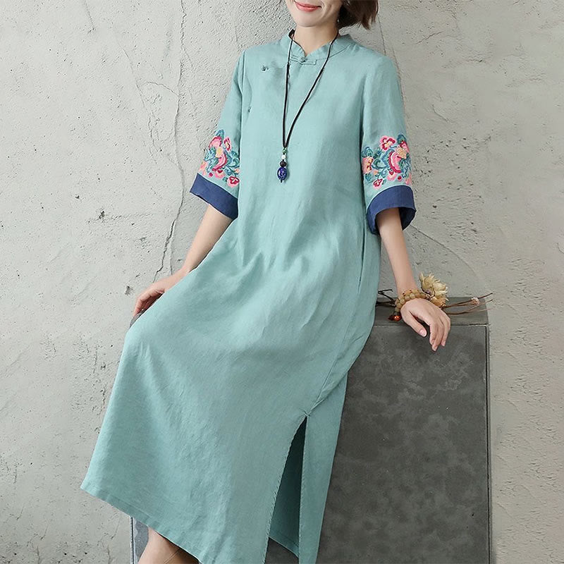 Foviel Embroidery Frog-Button Half Sleeve Women's Midi Dress