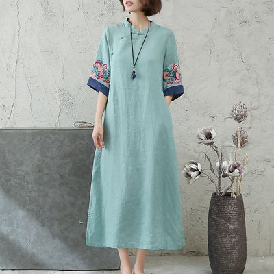 Foviel Embroidery Frog-Button Half Sleeve Women's Midi Dress