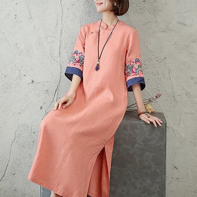 Foviel Embroidery Frog-Button Half Sleeve Women's Midi Dress