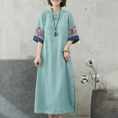 Foviel Embroidery Frog-Button Half Sleeve Women's Midi Dress