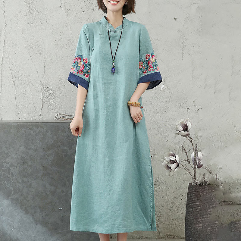 Foviel Embroidery Frog-Button Half Sleeve Women's Midi Dress