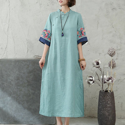 Foviel Embroidery Frog-Button Half Sleeve Women's Midi Dress
