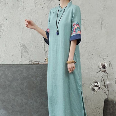 Foviel Embroidery Frog-Button Half Sleeve Women's Midi Dress