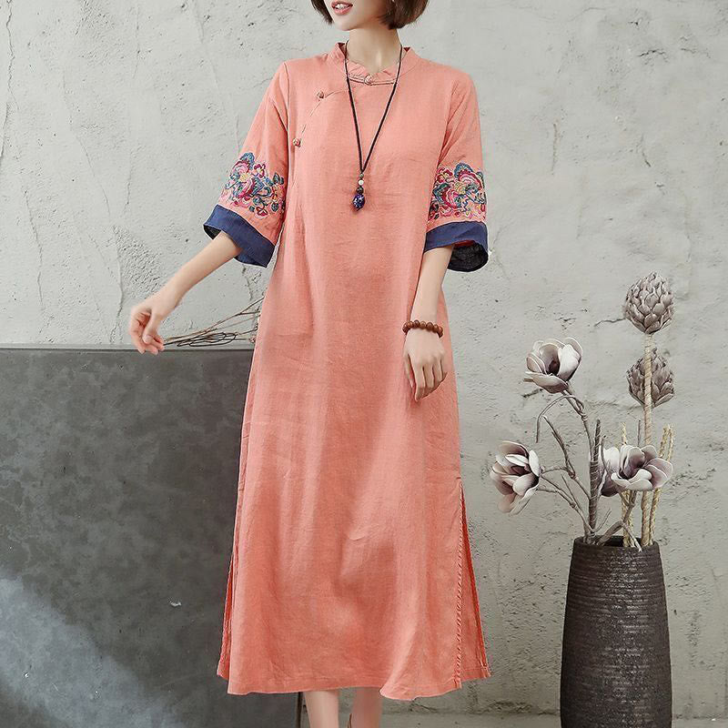 Foviel Embroidery Frog-Button Half Sleeve Women's Midi Dress