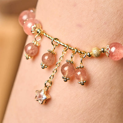 Foviel Natural Strawberry Quartz Four Leaf Clover Star Positive Bracelet