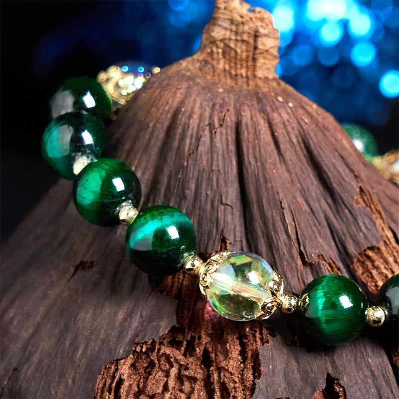 Foviel Natural Green Tiger Eye Beads Green Leaf Positive Bracelet