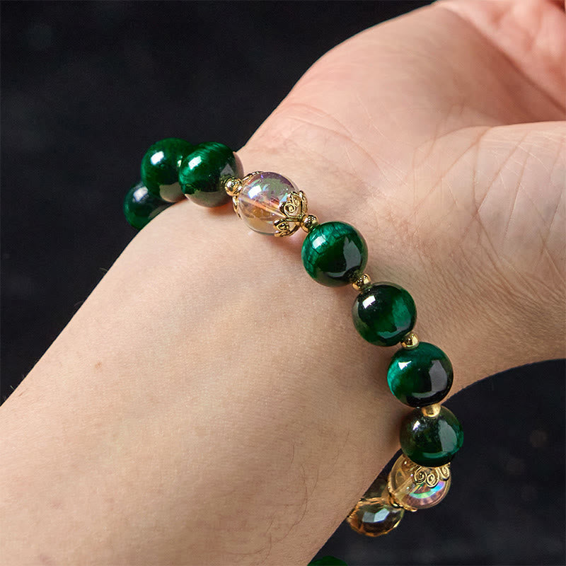 Foviel Natural Green Tiger Eye Beads Green Leaf Positive Bracelet