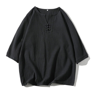 Buddha Stones 2Pcs Plain Notched Collar T-Shirt Wide Leg Shorts With Pockets Men's Meditation Cloth Set - image 19