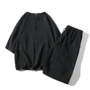Foviel 2Pcs Plain Notched Collar T-Shirt Wide Leg Shorts With Pockets Men's Meditation Cloth Set