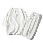 Foviel 2Pcs Plain Notched Collar T-Shirt Wide Leg Shorts With Pockets Men's Meditation Cloth Set