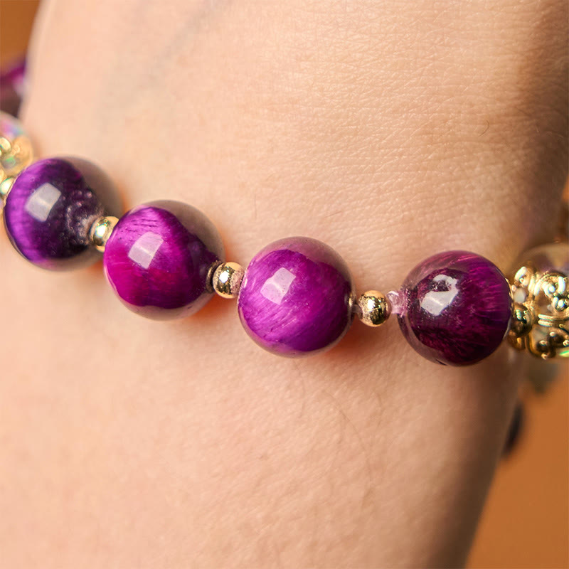 Buddha Stones Natural Red Tiger Eye Purple Tiger Eye Beads Green Leaf Protection Bracelet - image 13