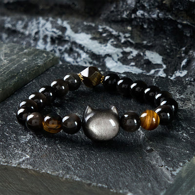Foviel Natürlich Silber Sheen Obsidian Perlen Niedlich Katze Beruhigende Armband