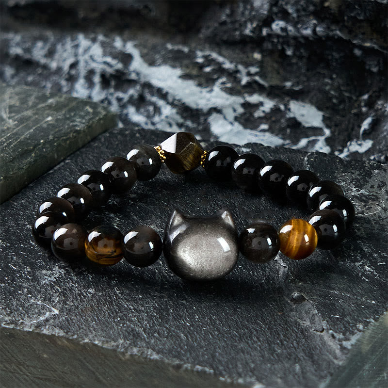 Bracelet apaisant Foviel en perles d'obsidienne argentée naturelle avec un adorable chat
