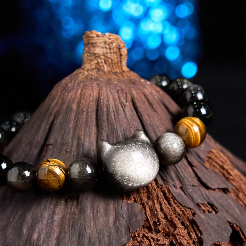 Foviel Natürlich Silber Sheen Obsidian Perlen Niedlich Katze Beruhigende Armband