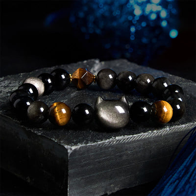 Foviel Natürlich Silber Sheen Obsidian Perlen Niedlich Katze Beruhigende Armband