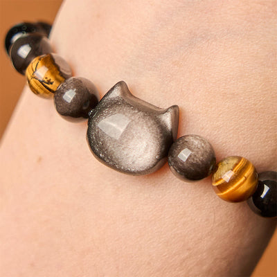Foviel Natürlich Silber Sheen Obsidian Perlen Niedlich Katze Beruhigende Armband