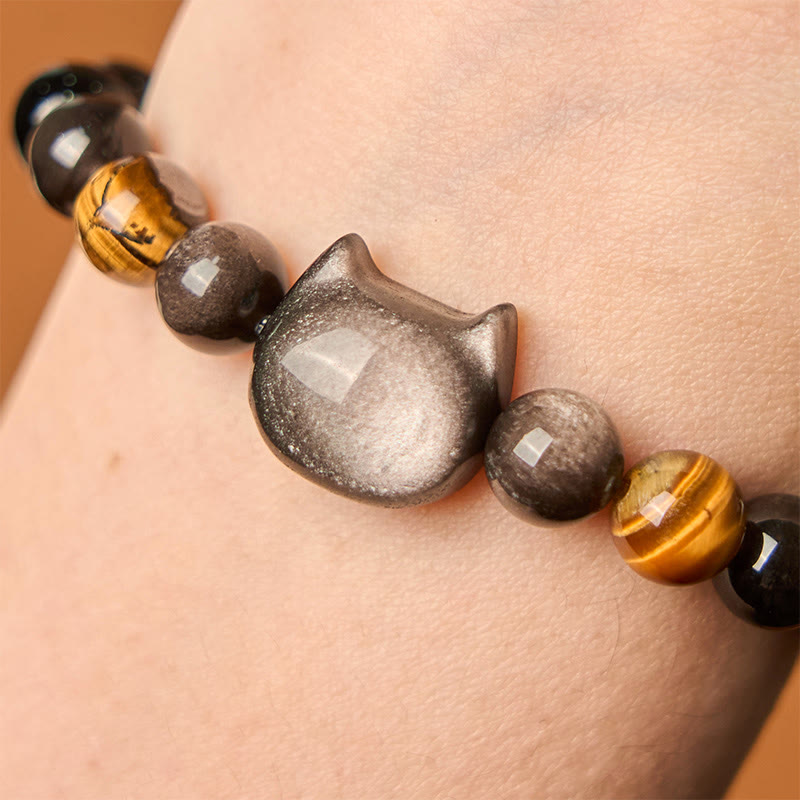 Foviel Natürlich Silber Sheen Obsidian Perlen Niedlich Katze Beruhigende Armband