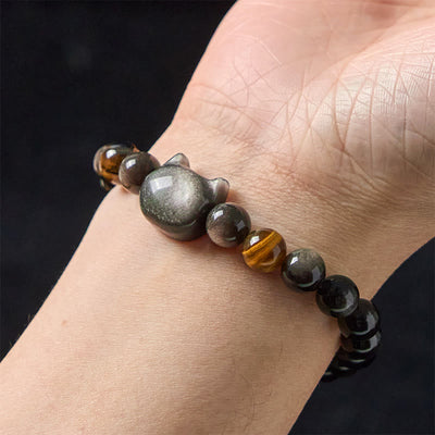 Foviel Natürlich Silber Sheen Obsidian Perlen Niedlich Katze Beruhigende Armband