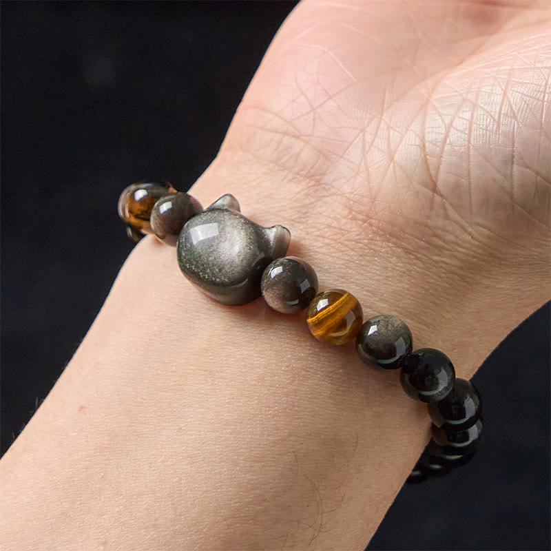 Foviel Natürlich Silber Sheen Obsidian Perlen Niedlich Katze Beruhigende Armband