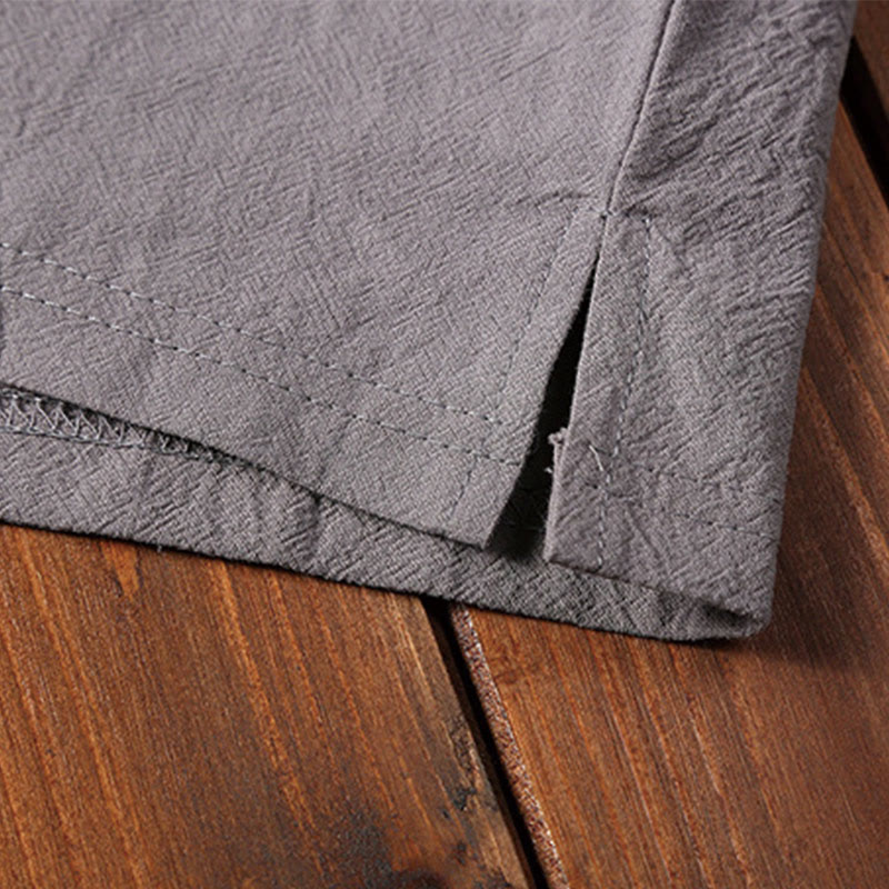 Foviel 2Pcs Plain Notched Collar Short Sleeve T-Shirt Shorts With Pockets Cotton Linen Men's Meditation Cloth Set