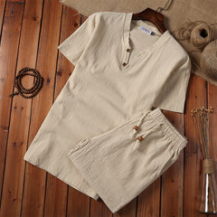 Foviel 2Pcs Plain Notched Collar Short Sleeve T-Shirt Shorts With Pockets Cotton Linen Men's Meditation Cloth Set