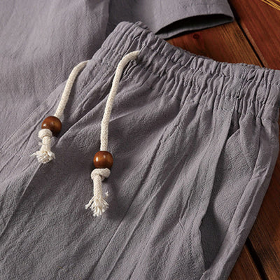Foviel 2Pcs Plain Notched Collar Short Sleeve T-Shirt Shorts With Pockets Cotton Linen Men's Meditation Cloth Set