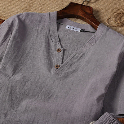 Foviel 2Pcs Plain Notched Collar Short Sleeve T-Shirt Shorts With Pockets Cotton Linen Men's Meditation Cloth Set