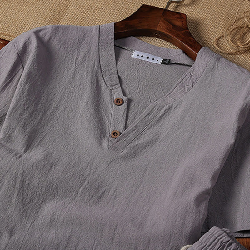 Foviel 2Pcs Plain Notched Collar Short Sleeve T-Shirt Shorts With Pockets Cotton Linen Men's Meditation Cloth Set