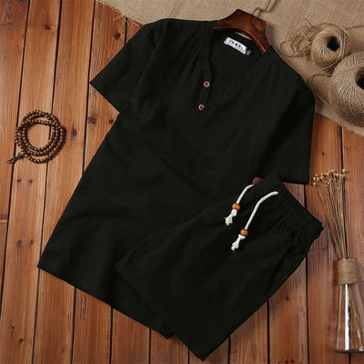 Foviel 2Pcs Plain Notched Collar Short Sleeve T-Shirt Shorts With Pockets Cotton Linen Men's Meditation Cloth Set