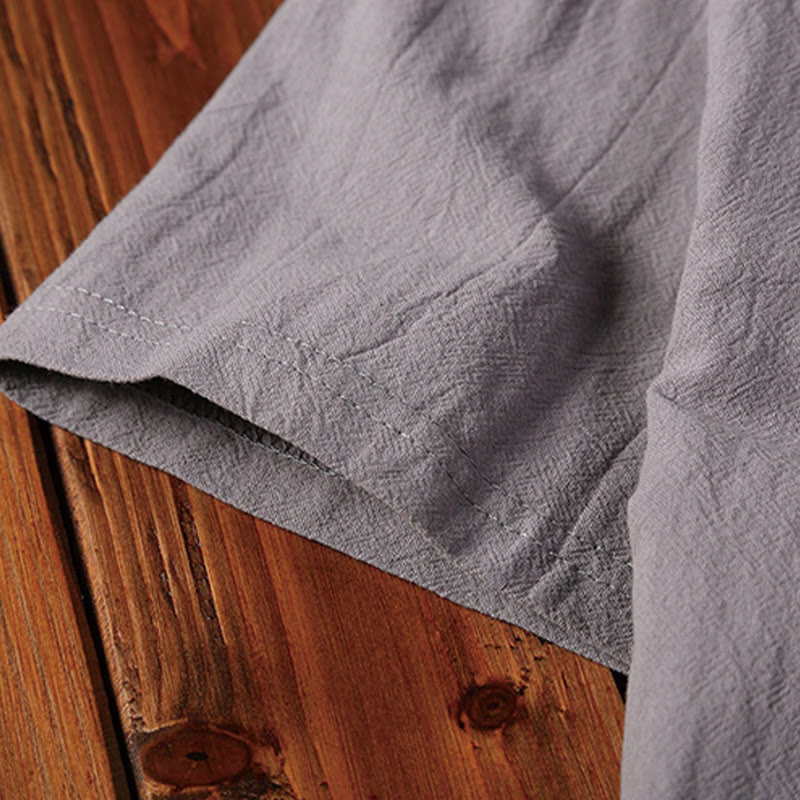 Foviel 2Pcs Plain Notched Collar Short Sleeve T-Shirt Shorts With Pockets Cotton Linen Men's Meditation Cloth Set