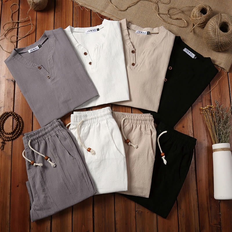 Foviel 2Pcs Plain Notched Collar Short Sleeve T-Shirt Shorts With Pockets Cotton Linen Men's Meditation Cloth Set