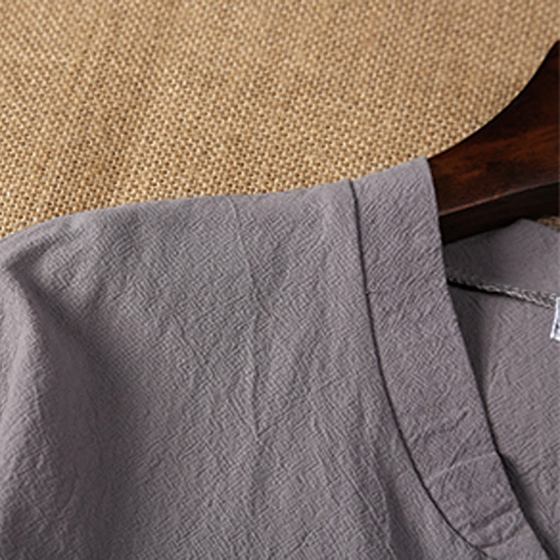 Foviel 2Pcs Plain Notched Collar Short Sleeve T-Shirt Shorts With Pockets Cotton Linen Men's Meditation Cloth Set