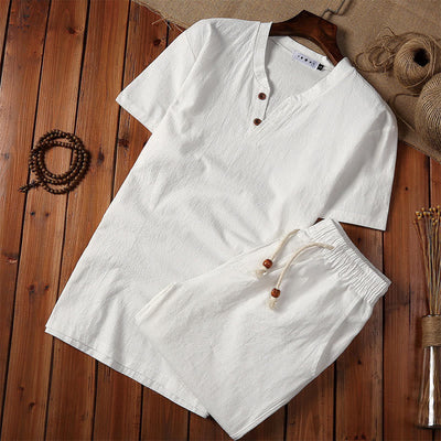 Foviel 2Pcs Plain Notched Collar Short Sleeve T-Shirt Shorts With Pockets Cotton Linen Men's Meditation Cloth Set